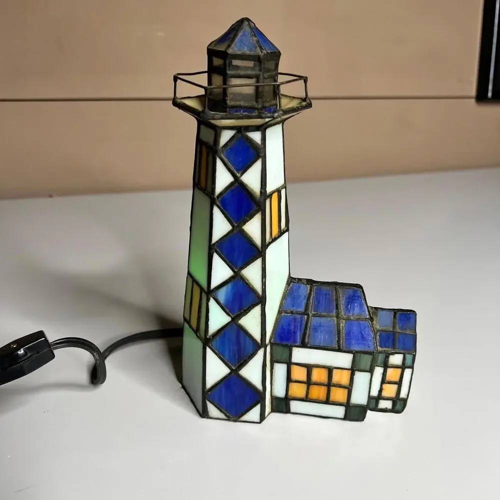 Vintage Stained Glass‎ Lighthouse Table Lamp Nautical Tiffany Style Night Light